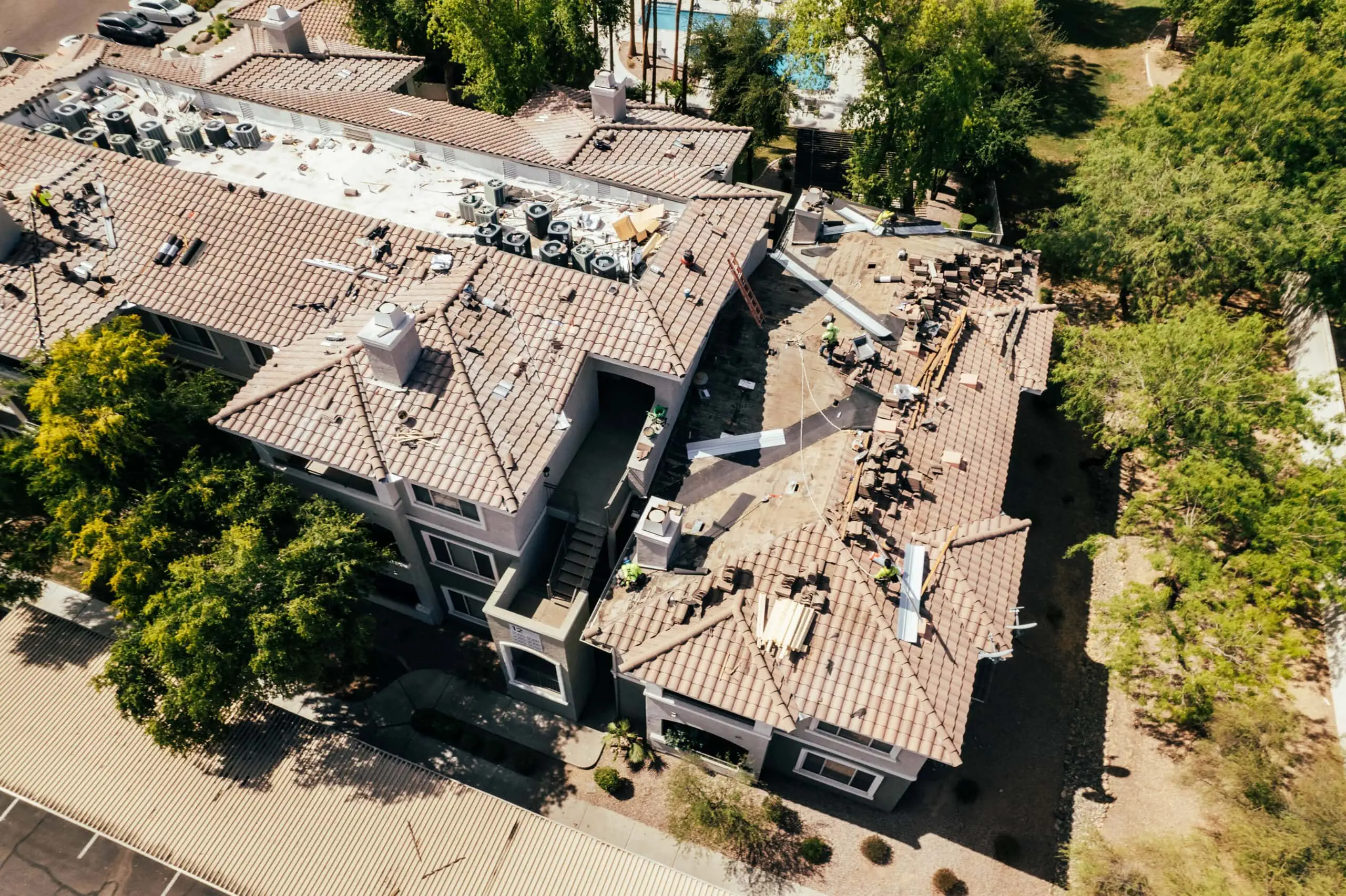 aerial view of a multi family property in scottsdale showcasing the extensive roofing work done by behmer one of the leading roofing companies in the area