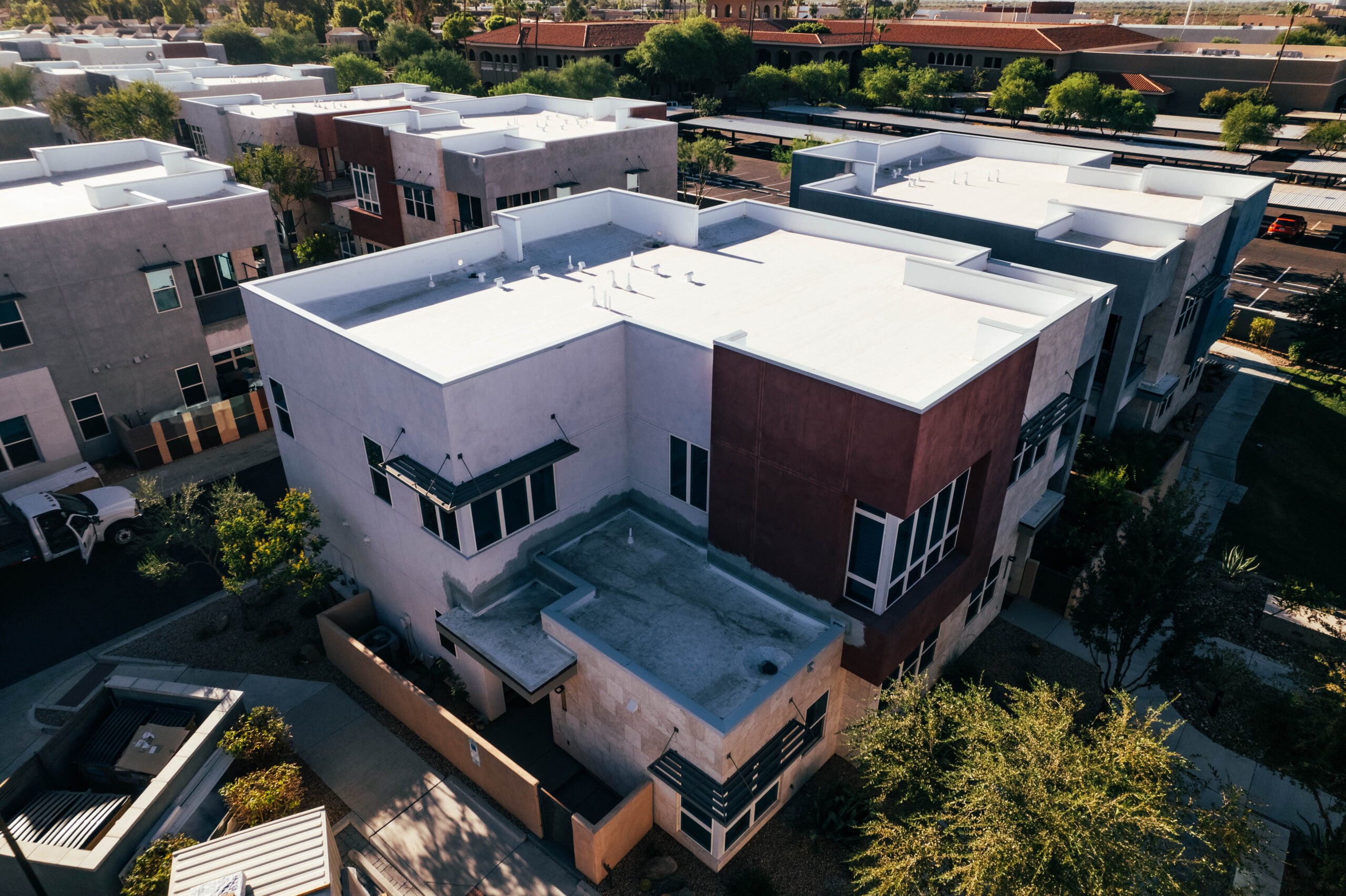 Aerial perspective of a freshly coated flat roof in Estancia, Arizona.