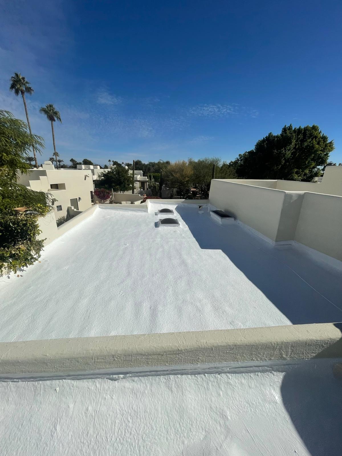 A white roof with spray foam insulation and coating installation in Scottsdale, with a palm tree in the background.